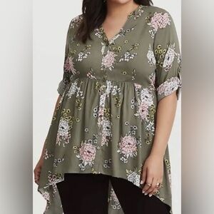 Torrid Olive Green Floral Babydoll Tunic Shirt Lexi Style High Low Hem Button Dn